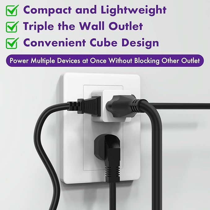 POWERCORDS 3 Power Blocks Outlet Splitter, 3 Pack, Grounded Wall Tap, 3-Prong - Image 2