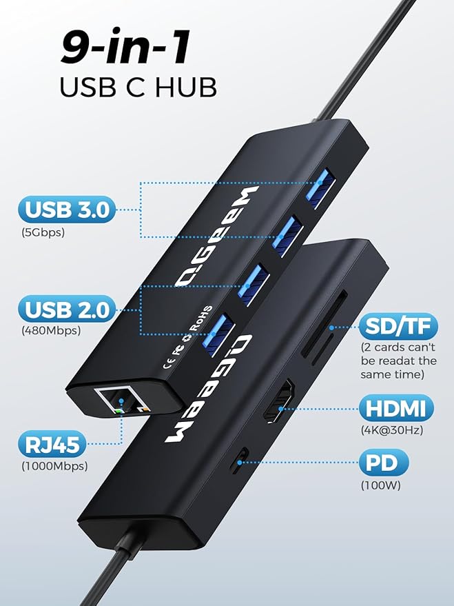 QGeeM USB C Hub Ethernet, 9 in 1 USB Type C Hub HDMI Multi-Port Converter - Image 2