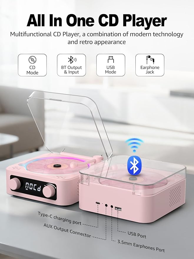 CD Player with Built-in Speakers Portable Bluetooth Input&Output Desktop CD - Image 5