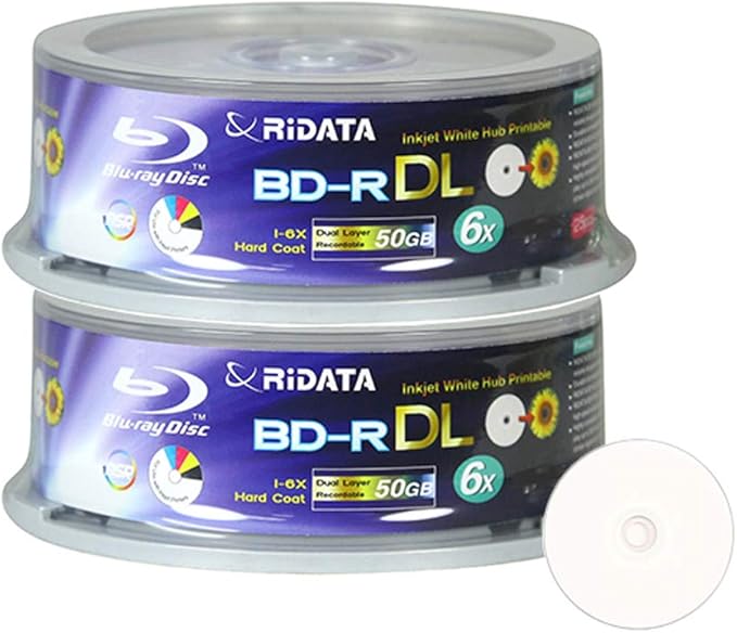50 Pack Ridata Blu-ray BD-R DL Dual Layer 6X 50GB White Inkjet Hub Printable by Ridata+PRO