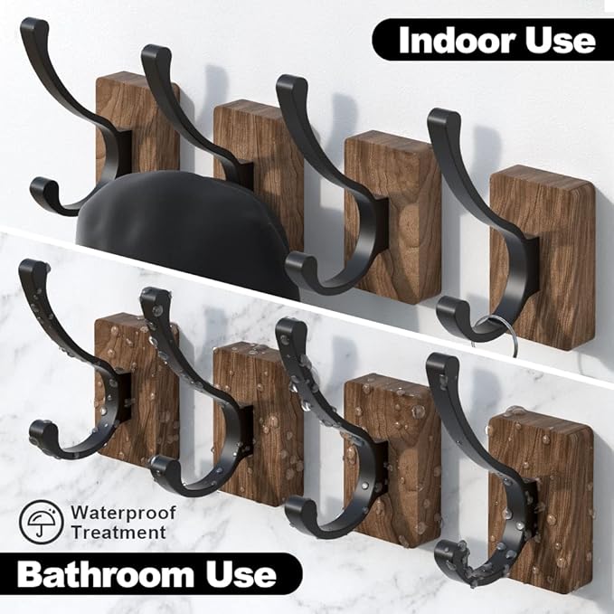 4 PCS Black Walnut Wood Wall Hooks Adhesive Mounted & Wall Mounted Rustic - Image 4
