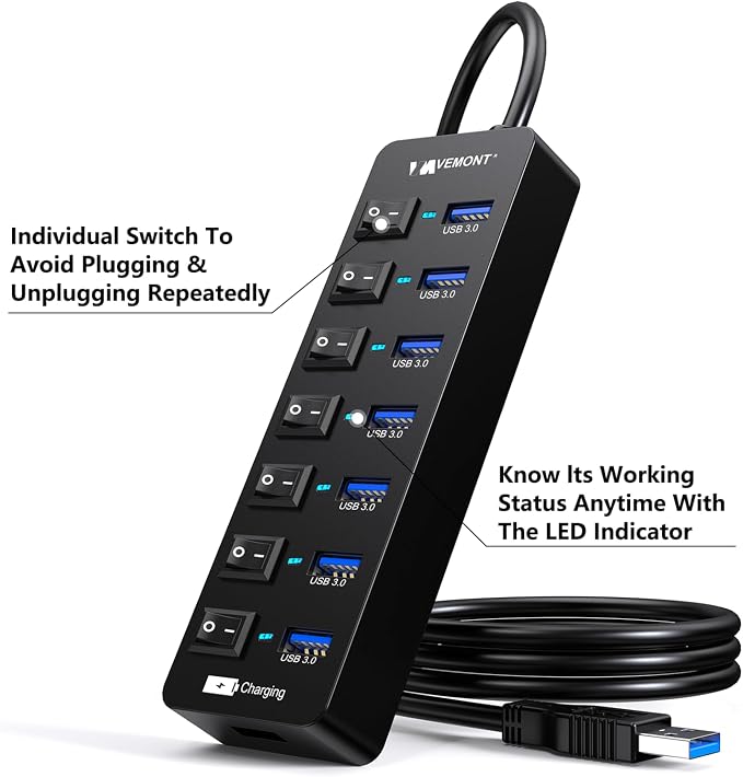 Powered USB Hub 3.0, VEMONT 7 Ports Multi USB hubs and 1 USB Smart Charging Port - Image 4