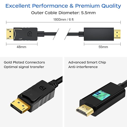 4K Displayport to HDMI Cable 6 Feet 2-Pack, Display Port to HDMI Adapter Male - Image 5