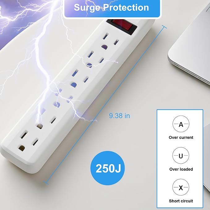 6-Outlet Surge Protector – 250 Joules, 2ft Cord, 1875W Max – Right Angle Plug - Image 5