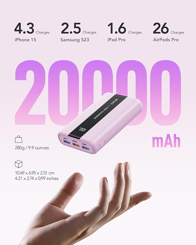 VRURC Power Bank, 20000mAh Portable Charger Fast Charging, Compact Travel - Image 4
