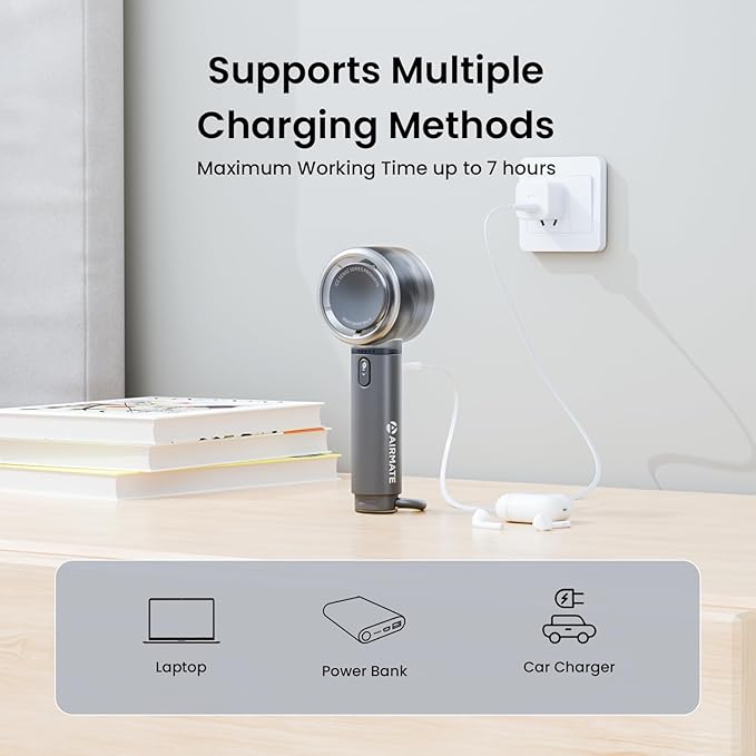 AIRMATE Portable Handheld Fan, 5 Wind Speed Adjustable, 3000mAh Battery - Image 6