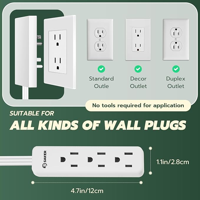 Saker Outlet Concealer Power Strip | 5ft Flat Plug Extension Cord - Image 5