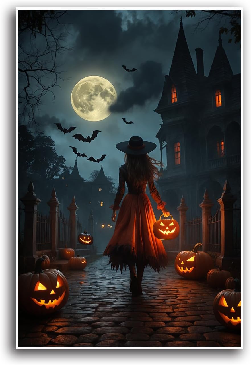 JFHCQJPK Halloween theme poster moonlit autumn night witch vintage poster art print dark college style gothic painting canvas wall decoration bedroom living room ideal gift16x24in Frameless