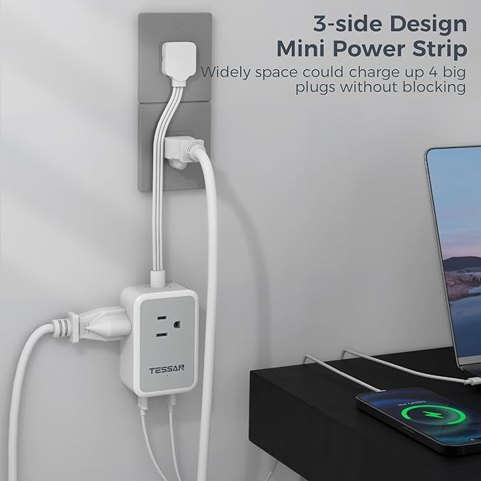 Short Power Strip 9 inch, TESSAN Flat Plug Small Extension Cord - Image 4