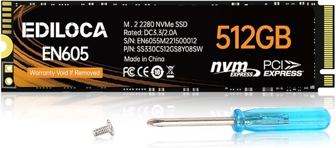 EN605 512GB M.2 SSD, NVMe1.3 PCIe Gen3 x4 SSD TLC, Internal Hard Drive by EDILOCA
