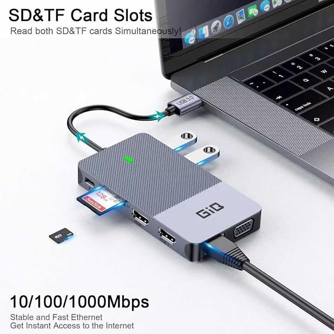 USB Docking Station GIQ USB C HUB USB 3.0 to Dual HDMI VGA Adapter Triple - Image 5