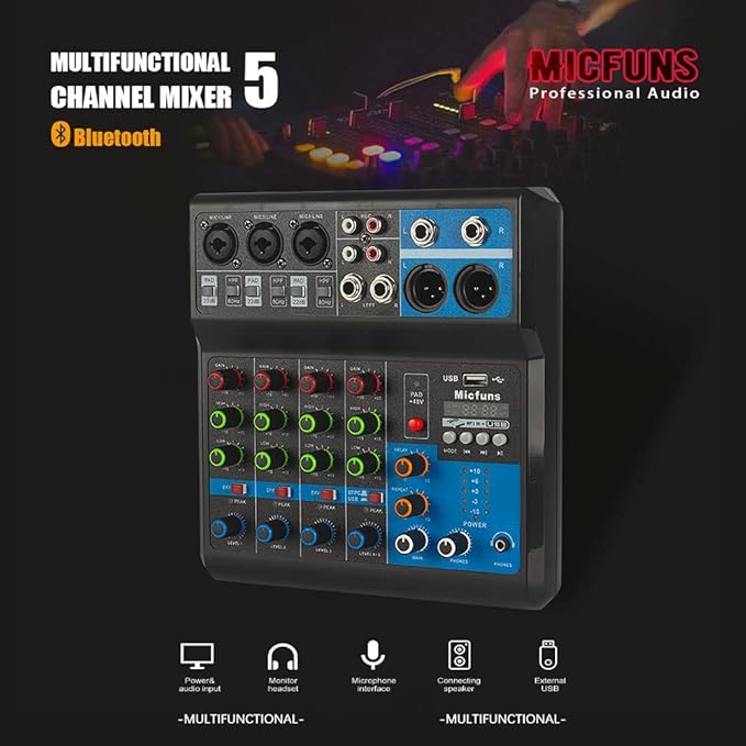 Mini audio DJ mixer Sound Board Console System, 5 Channel 48V Phantom Power - Image 9