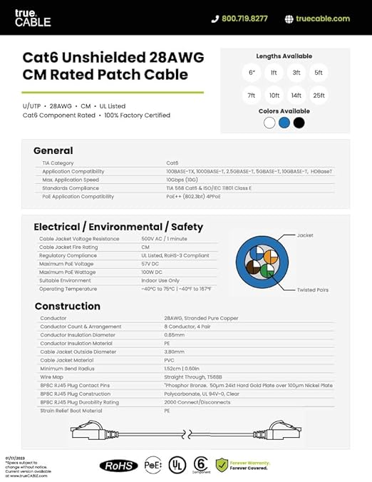 TRUECABLE Cat6 Component Rated Patch Cable, Unshielded, 28AWG Solid Copper - Image 8