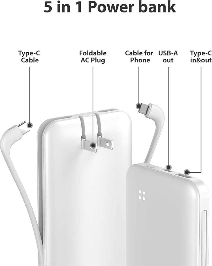 Alongza Portable Charger Built-in Cables and AC Wall Plug, Slim Fast Charging - Image 2