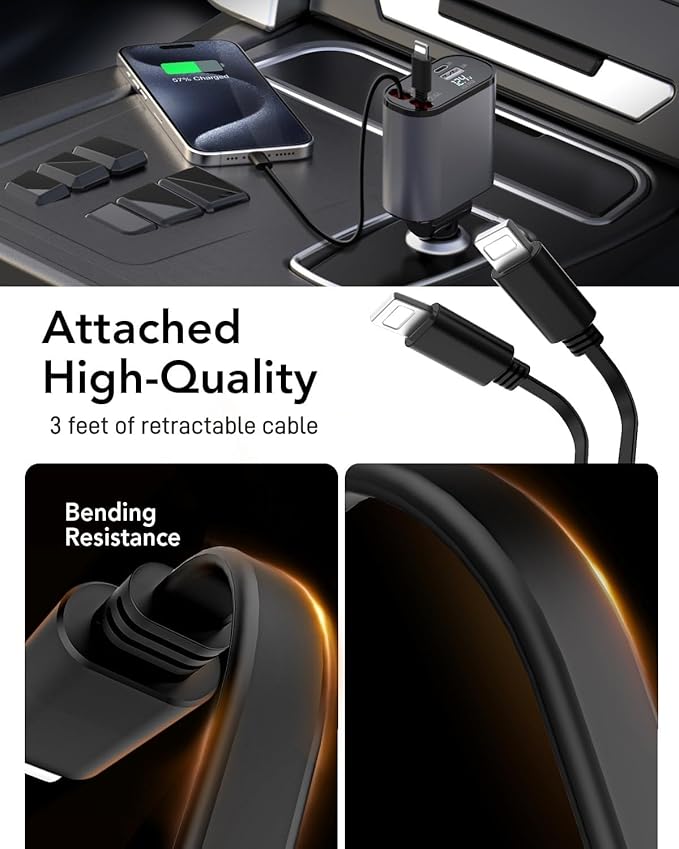 Retractable Car Charger, 4 in 1 Fast Charging 69W, Cigarette Lighter Adapter 2 - Image 6