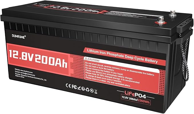 12V 200Ah LiFePO4 Lithium Battery, 200A BMS, Max.2560W Load Power, 15000+ Deep by Dumfume