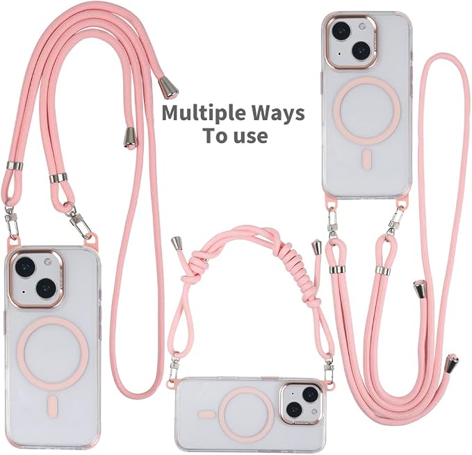 for iPhone 13/14 Case with 62.99 inch Lanyard, Classic Clear&Pink Magnetic - Image 2