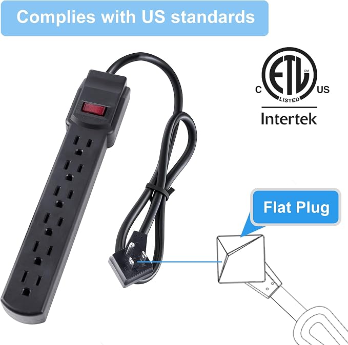 6-Outlet Surge Protector – 250 Joules, 6ft Cord, 1875W Max – Right Angle Plug - Image 6