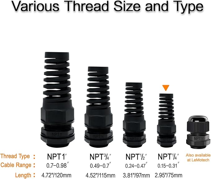 LeMotech 10Pcs NPT 1/4" IP68 Waterproof Cable Gland Flex Spiral Strain Relief - Image 6