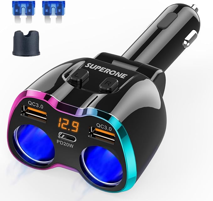2024 Upgraded Cigarette Lighter Splitter, SUPERONE 180W 2-Socket Cigarette by SUPERONE