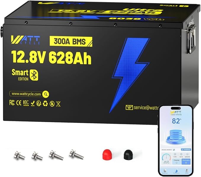 12V 628Ah LiFePO4 Lithium Battery 300A BMS, Built-in Bluetooth 5.0, Full Metal by Wattcycle