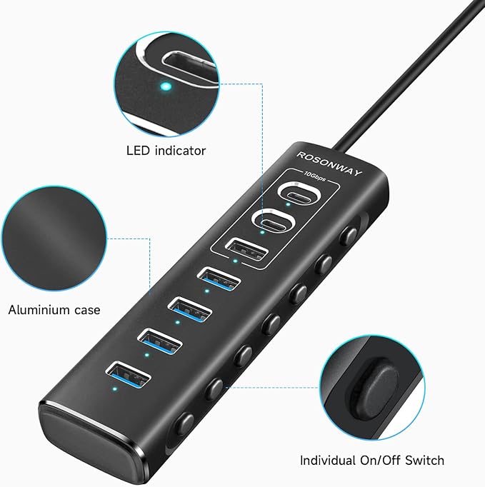 Powered USB Hub, Rosonway 7-Port USB 3.2/USB C Hub - Image 7