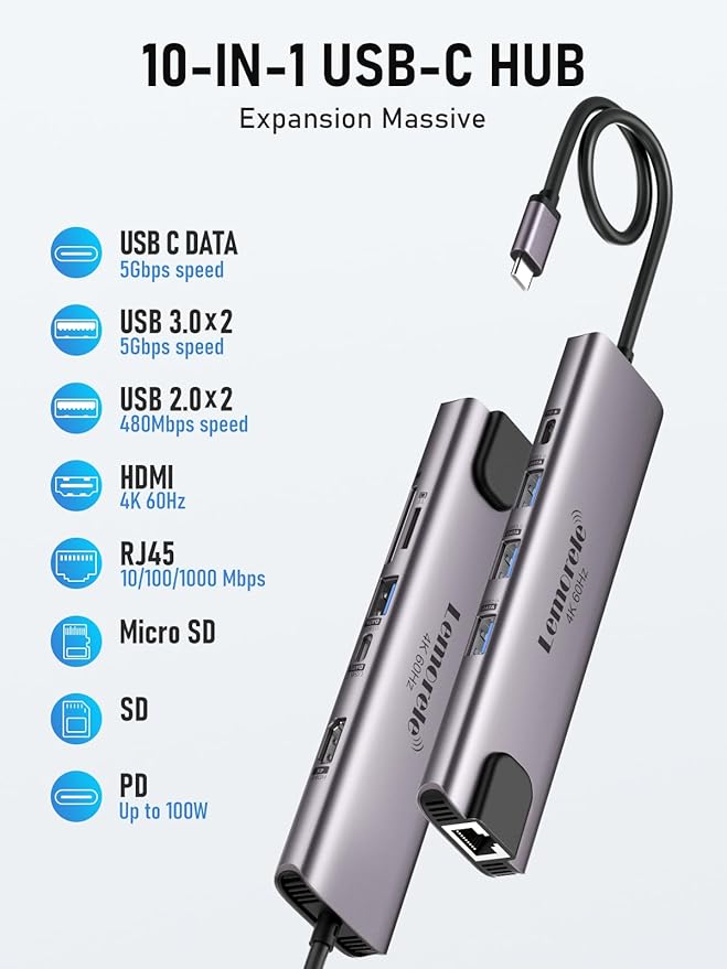 Lemorele USB C Hub Multiport Adapter 10-in-1 - Image 8