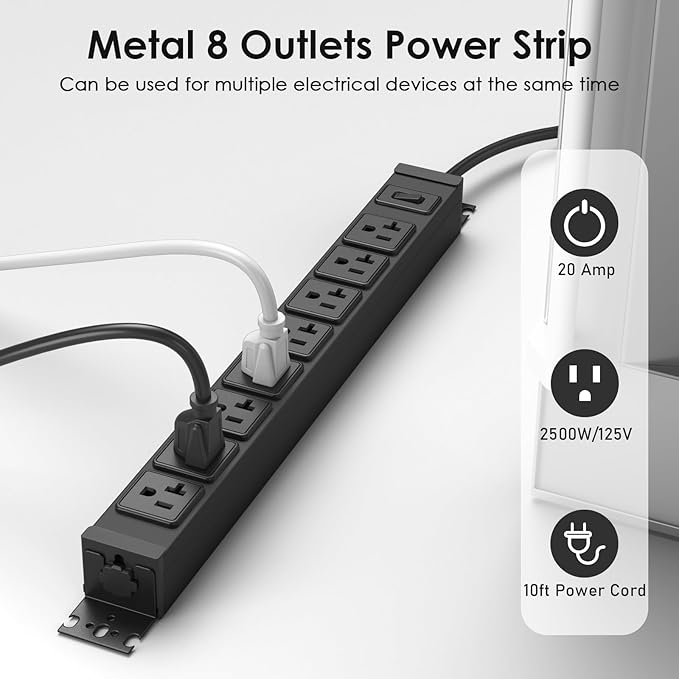 JUNNUJ Heavy Duty Power Strip Wall Mount, 20 Amp Surge Protector 1200J Metal 8 - Image 5