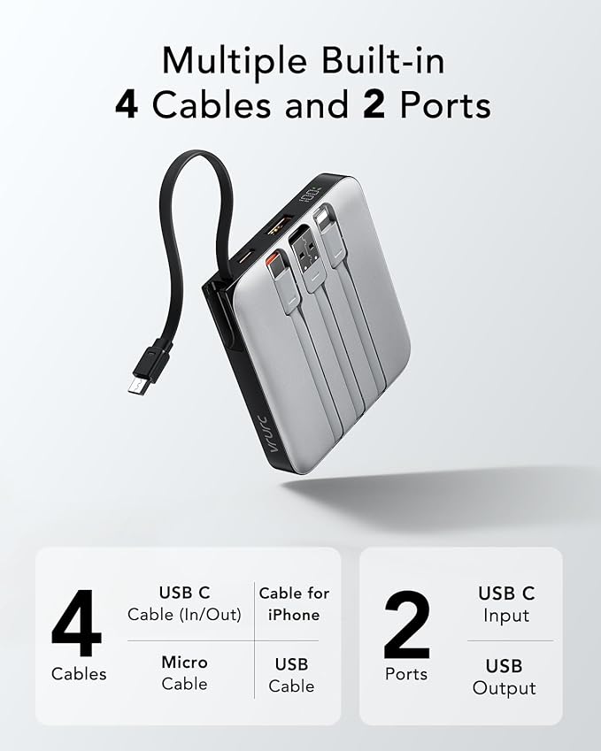 VRURC Portable Phone Charger 4 Built-in Cables, Fast Charging PD 20W Power Bank - Image 2