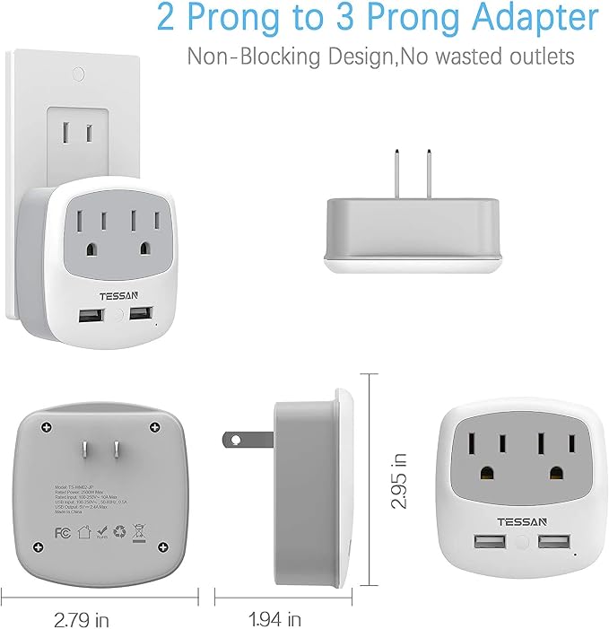 TESSAN US to Japan Plug Adapter, 2 Prong to 3 Prong Outlet Adapter - Image 3