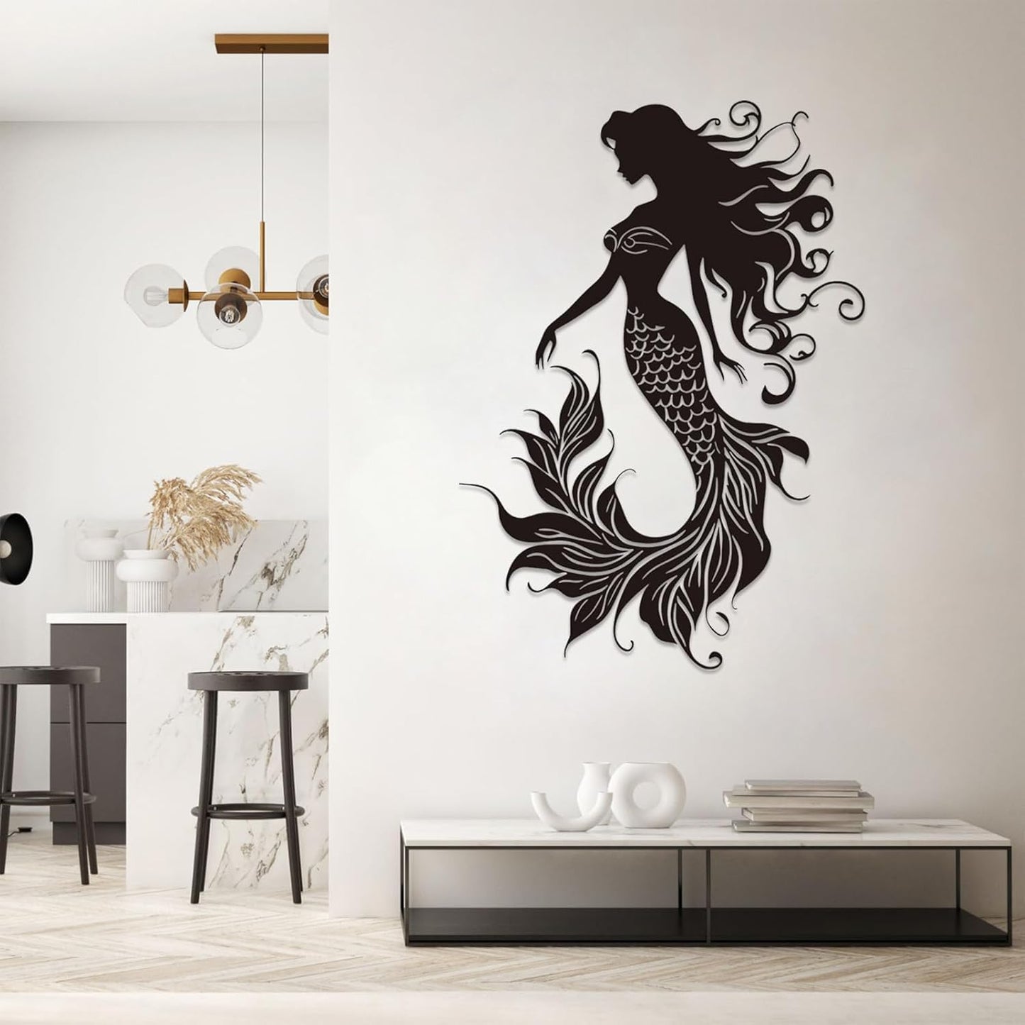 Veplsur Mermaid Metal Wall Art, Metal Mermaid Wall Decor, Marine Biology Wall Decor, Ocean Wall Art, Nautical Wall Hanging, Beach Hanging for Bathroom Bedroom (Silver, 35"x25"|90x64cm)