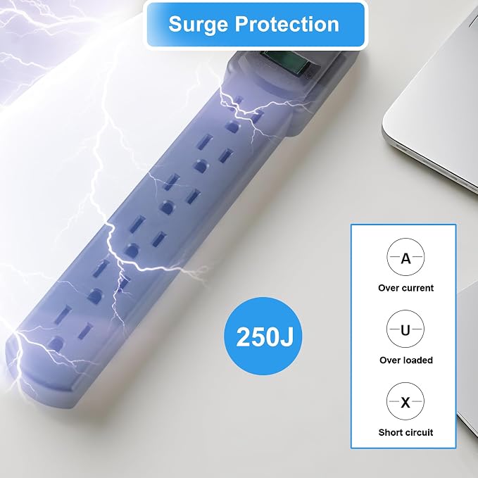 6-Outlet Surge Protector 2pk – 250 Joules, 2ft Cord, 1875W Max – Right Angle - Image 5