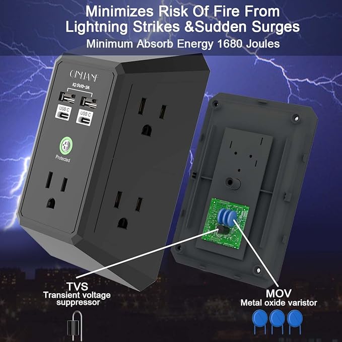 USB Wall Charger, Surge Protector, QINLIANF 5 Outlet Extender - Image 6