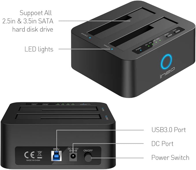 ineo USB 3.1 Gen1 to SATA 2.5" or 3.5 inch SSD/HDD Docking Station - Image 3