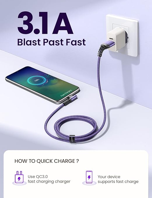 AINOPE 4-Pack USB C Cable, 3.1A C Charger Cable Fast Charging, Right Angle Type - Image 3