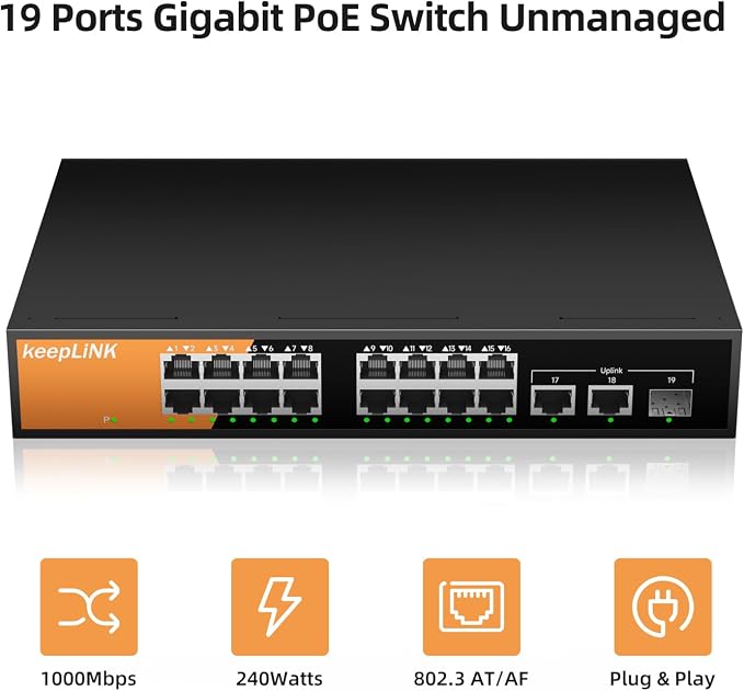 16 Port Gigabit PoE Switch Unmanaged, 16 PoE+ Ports @240W, 2 Gigabit Uplink - Image 2