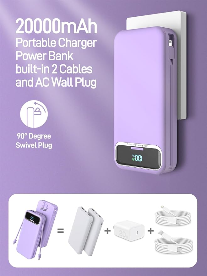Portable Charger with Built in Cables and Wall Plug, Portable Charger 20000mAh - Image 2