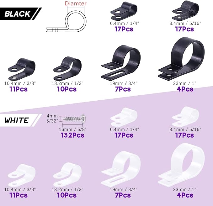 Swpeet 135 Pack 6 Sizes White+Black Nylon Plastic R-Type Cable Clips Clamp - Image 2