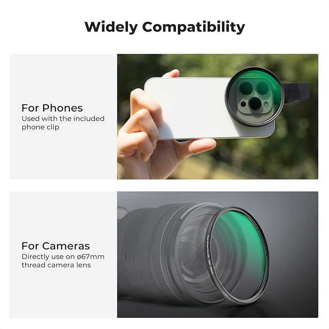 K&F Concept 67mm Clip-on Black Diffusion 1/4&CPL Phone Camera Lens Filter Kit - Image 6