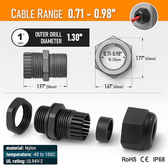 MGI SpeedWare 1" NPT Strain Relief Nylon Cord Grip Cable Glands - Image 6