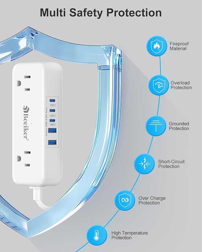 5 USB Travel Power Strip- 5Ft Short Extension Cord - Image 6