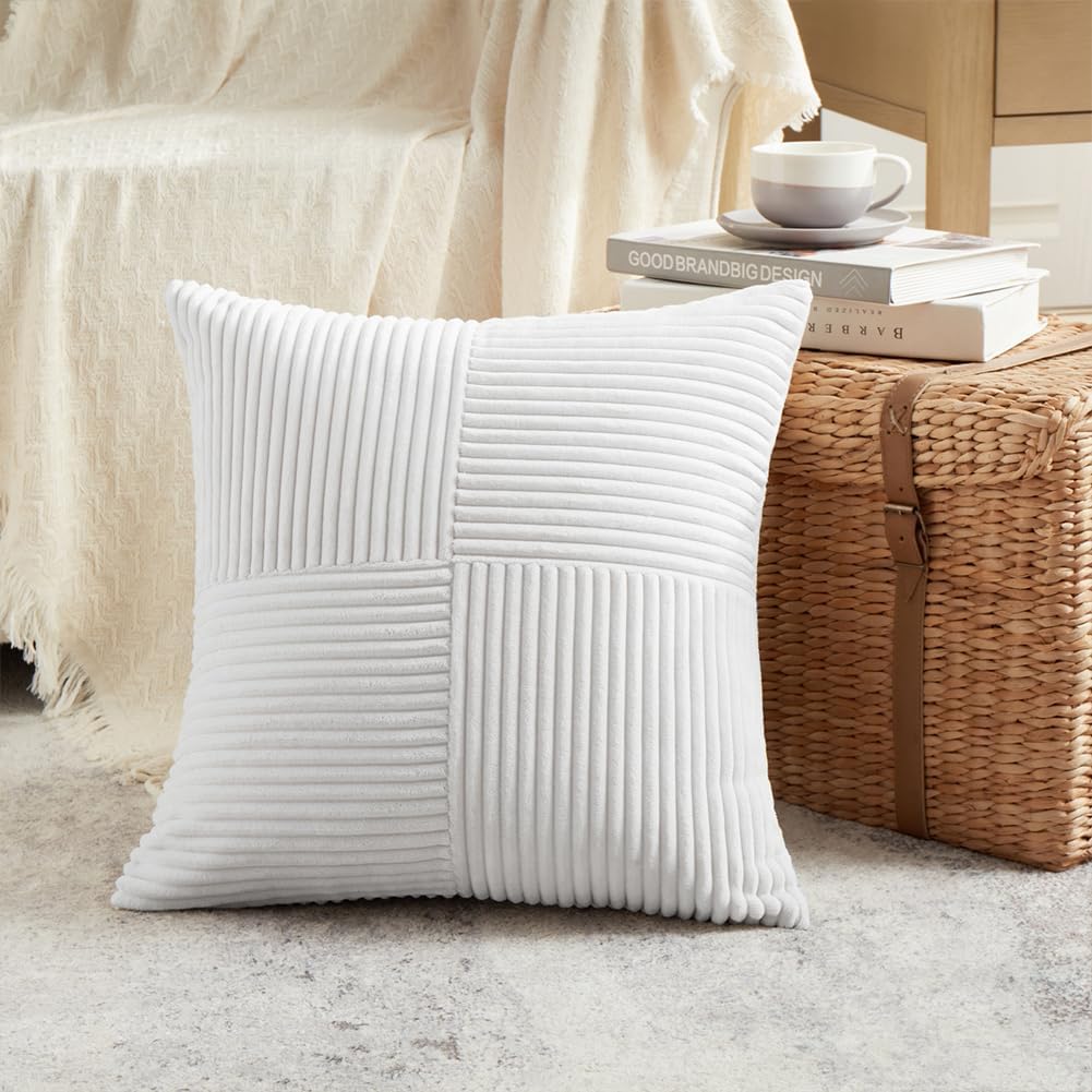 Fancy Homi 2 Packs White Euro Decorative Throw Pillow Covers 26x26 Inch for Living Room Couch Bed, Rustic Farmhouse Boho Home Decor, Soft Corss Corduroy Patchwork Textured Square Cushion Case 66x66 cm