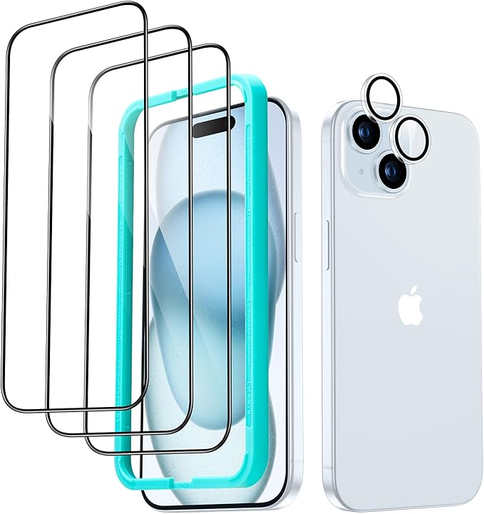 ESR 3+1 Pack for iPhone 15 Plus Screen Protector, 3 Black Edge Tempered-Glass by ESR
