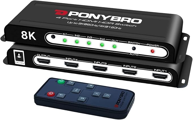 HDMI Switch 8K 4 Port – HDMI 2.1 48Gbps Auto-Switching, 8K@60Hz/4K@120Hz by PONYBRO