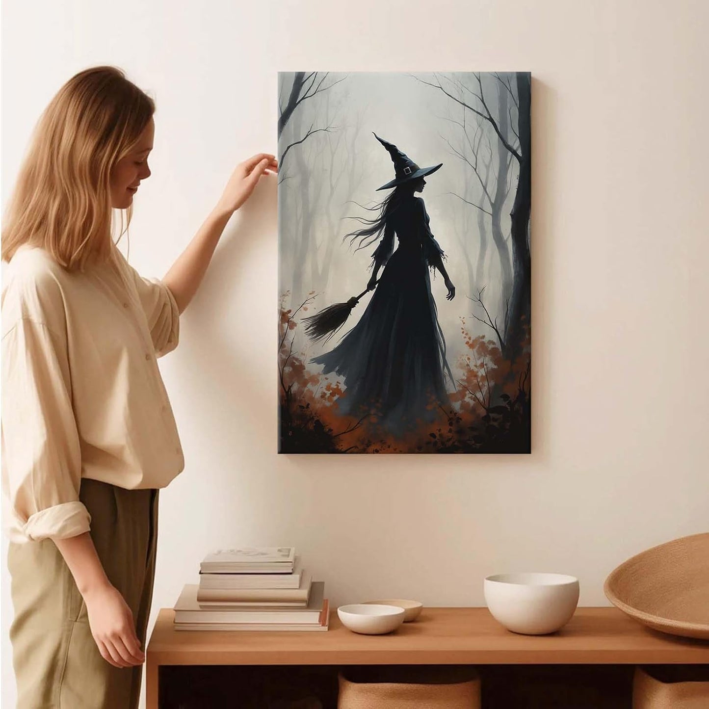JFHCQJPK Vintage forest witch silhouette poster Halloween mural poster decoration mural art magic suitable for home living room bedroom8x12in Frameless
