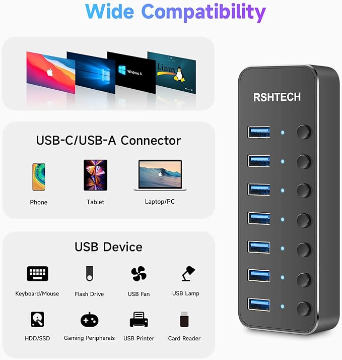 Powered UBS Hub, RSHTECH 7 Port USB 3.0/USB C Hub Upgraded Version Aluminum USB - Image 5