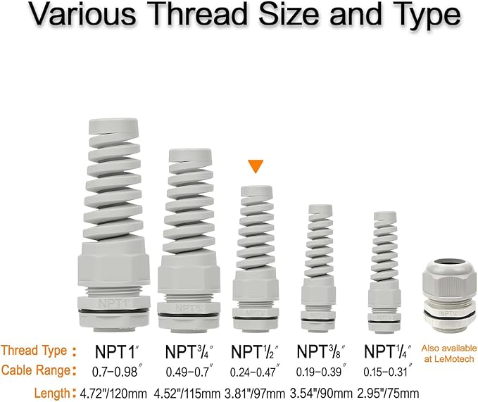 LeMotech 50Pcs NPT 1/2" IP68 Waterproof Cable Gland Flex Spiral Strain Relief - Image 5