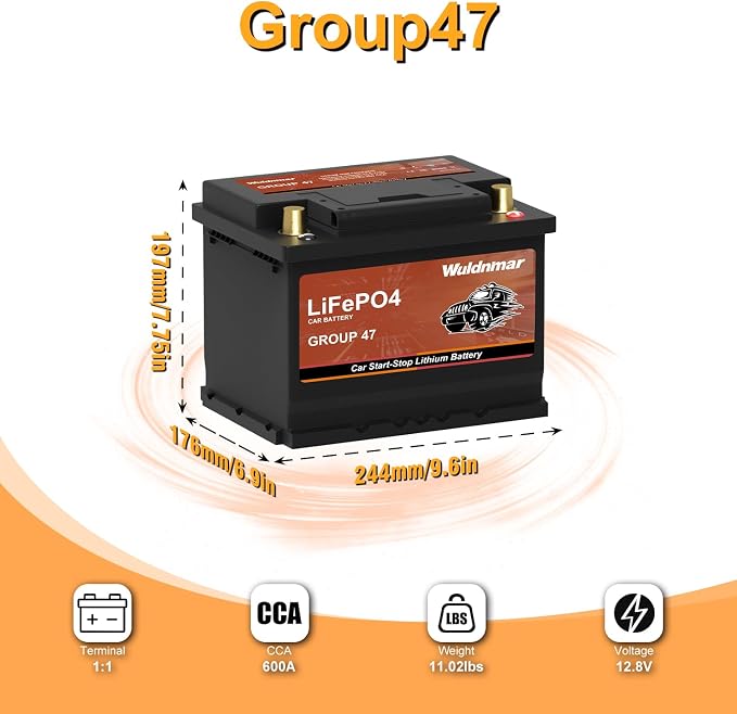 12V BCI Group 47 LiFePO4 Lithium Car Battery 600CCA Lightweight Automotive - Image 2