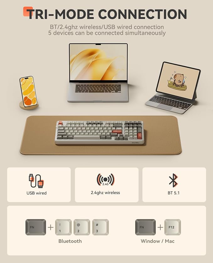 DAREU EK98pro Wireless Mechanical Keyboard, Tri-Mode BT/2.4GHz/USB-C Creamy - Image 3