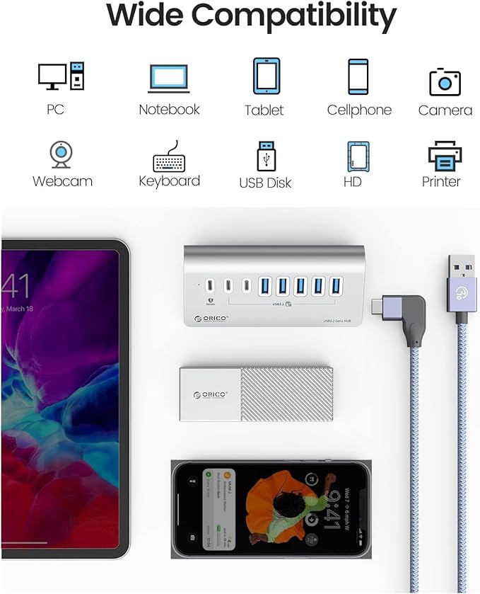 ORICO 7 Port USB Hub 10Gbps, Aluminum USB 3.2 Gen 2 Hub, 6 USB 3.2 Data Ports - Image 7